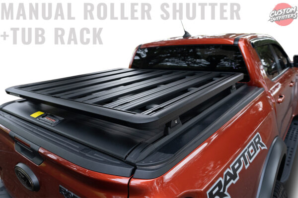 Black Venom Manual Roller Shutter + Rhino Tub Rack Platform to suit Next Gen Ford Ranger 2022-2024