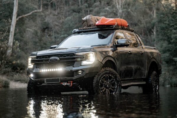 the front end shares a lot with the Platinum spec of the Everest Large SUV, including standard matrix LED headlights which can shape the beam for better night penetration